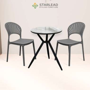 STARLEAD Set Meja Makan Bulat Minimalis Aria / Axis - Snow White/Ermine Grey 60cm + 2 Kursi Plastik 