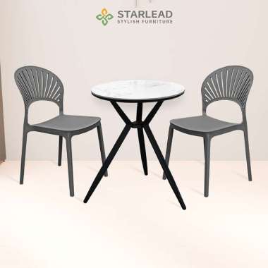STARLEAD Set Meja Makan Bulat Minimalis Aria / Axis - Snow White/Ermine Grey 60cm + 2 Kursi Plastik 