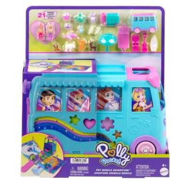 Polly Pocket Micro Dolls and Transforming Camper Van Vehicle, Accessories Include Pets and Toy Car,