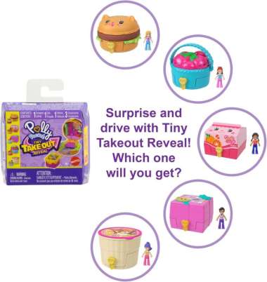 Polly Pocket Micro Dolls & Compacts with Toy Cars, Food Theme Vehicle Collection, Tiny Take Out Reve