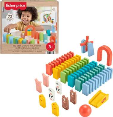 Fisher Price Wood Preschool Game Domino Run Playset, 72-Piece Wooden Building Set For Kids Ages 3+ Y