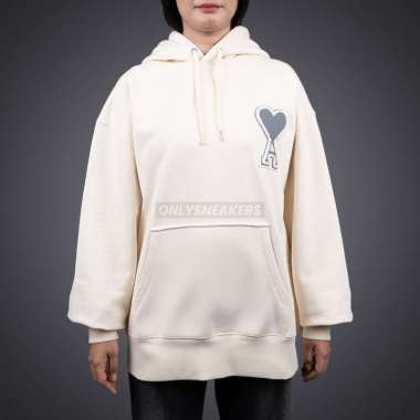 AMI PARIS BIG COEUR HEART GREY LOGO PATCH EMBROIDERY BEIGE HOODIE M