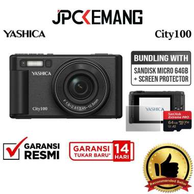JPC KEMANG Yashica City 100 Compact Digital Camera Pocket Kamera GARANSI RESMI Black+64GB+Screen