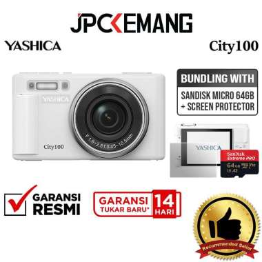 JPC KEMANG Yashica City 100 Compact Digital Camera Pocket Kamera GARANSI RESMI White+64GB+Screen