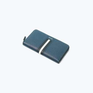 Dompet BALLY TELEN STRIPE BLACK NAVY LEATHER ZIP LONG WALLET 100% ORIGINAL 19X10CM