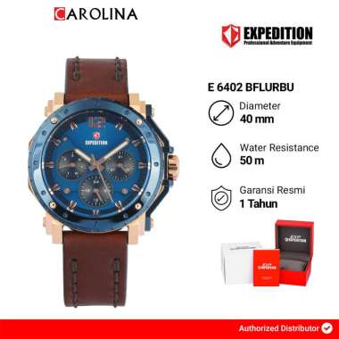 Jam Tangan Wanita S Expedition Chronograph E 6402 BFLURBU Blue Dial Brown Leather Strap