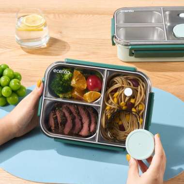 ecentio-3-grid inner glue leak-proof and odor-proof stainless steel lunch box-light green