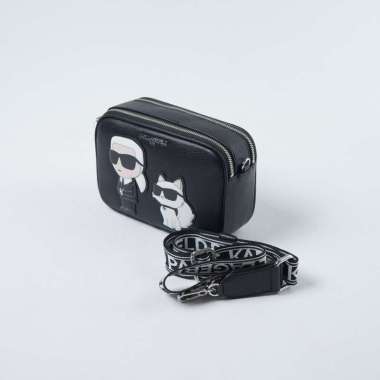 Tas KARL LAGERFELD ROUND DUO IKONIK CHOUPETTTE BLACK LEATHER CAMERA BAG 100% ORIGINAL 31X7X14CM