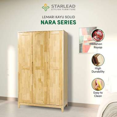 STARLEAD Nara Series Wood Wardrobe - Lemari Pakaian Kayu Asli Minimalist Modern Japandi 3 Pintu Nake