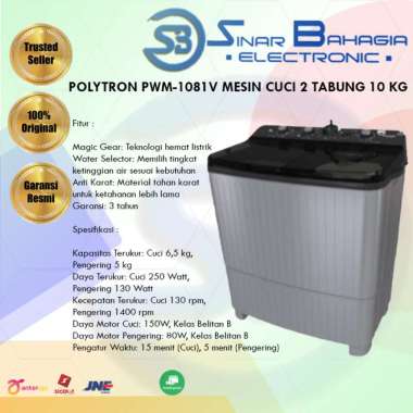 POLYTRON PWM-1081V MESIN CUCI 2 TABUNG 10 KG (NEW) (KHUSUS BANDUNG)