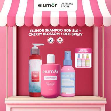 Paket Elumor Body Lotion Cherry Blossom 200ml + Elumor Shampoo Non SLS 200ml + Elumor Brightening De