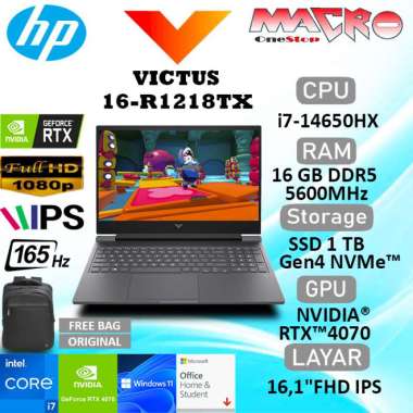 HP VICTUS 16-R1218TX i7-14650HX RAM 16GB SSD 1TB RTX4070 16.1" FHD WIN11+OHS 2024 + 1 Year MS 365 Ba