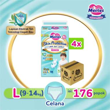 [4 pcs] Merries Skin Protection Popok Perlengkapan Bayi Anti Bau Tipe Celana (9-14)kg L44 / Carton
