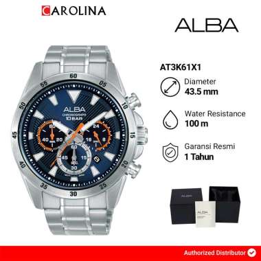 Jam Tangan Pria Alba Active Chronograph AT3K61X1 Blue Dial Stainless Steel Strap