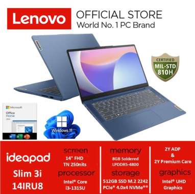 LENOVO IdeaPad Slim 3i 14IRU8 Intel Core i3-1315U 8GB 512GB SSD Windows 11 office2024 14" FHD 2Y ADP