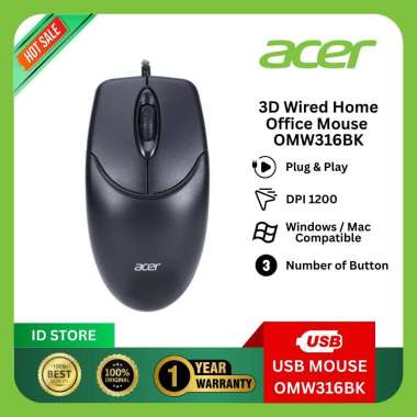 Acer OMW316BK Mouse Wired USB, DPI 1200 – Support Windows & Mac, Garansi 1 Tahun