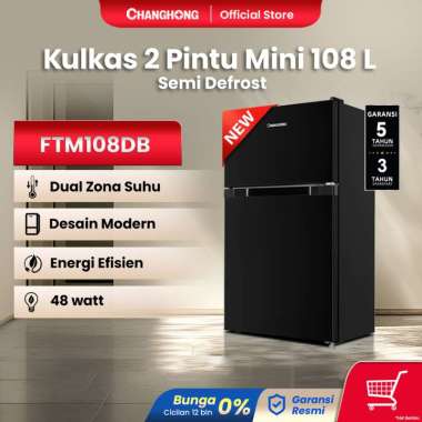 New Changhong Kulkas 2 pintu Mini (Refrigerator) Lemari Es Kapasitas 108 Liter – Black FTM108DB (Sem