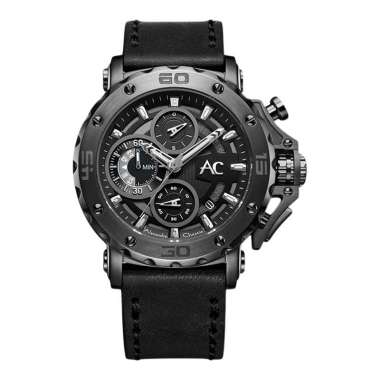 Jam Tangan Pria Alexandre Christie AC 9205 MC LEPBA Men Black Dial Black Leather Strap