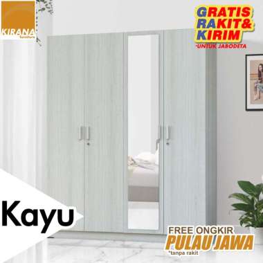 FULL KAYU - Kirana Lemari Pakaian / Lemari Baju 4 Pintu Modern Besar Minimalis Madison + Kaca Cermin