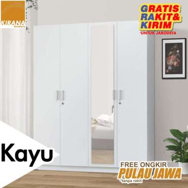 FULL KAYU - Kirana Lemari Pakaian / Lemari Baju 4 Pintu Modern Besar Minimalis Madison + Kaca Cermin