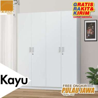 FULL KAYU - Kirana Lemari Pakaian / Lemari Baju 4 Pintu Polos Modern Besar Minimalis Madison - WG