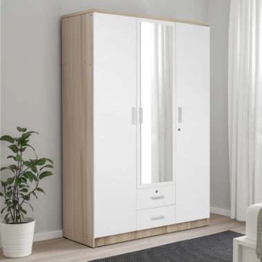 Kirana Lemari Pakaian White SW Modern Minimalis 3 Pintu - Arizona Kaca Snow Walnut