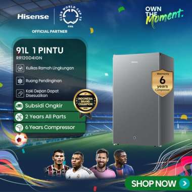 Hisense Kulkas RR120D4IGN Refrigerator Mini Bar Kapasitas 91L 1 Pintu Warna Silver 2L Rak Muat Ukura