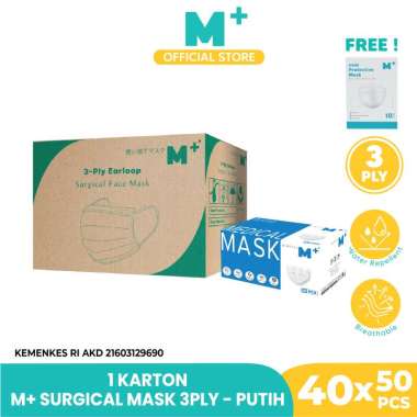 Masker Medis Earloop Putih 3Ply M+ 1 Karton -FREE 1 Box KN95 M Plus