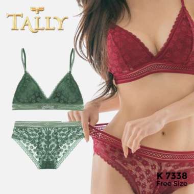 TALLY Bra Set Tanpa Kawat Bahan Brokat Busa Tipis Cup B Bh Set Harian BS 7338 Biru Dongker