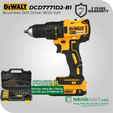 Dewalt Brushles Drill Driver / Bor Obeng Baterai 18/20V DCD7771D2 + STA88548-XJ