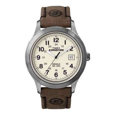 Timex Expedition Metal Field T49870 Indiglo Biege Dial Brown Leather Strap [Machtwatch] Coklat