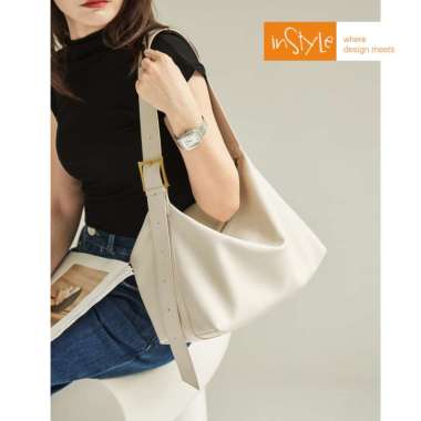 Tas Korean Style Tas Bahu Wanita Textured Import PU Leather Lembut Fashion 2021 (T2-004) Putih-Cream