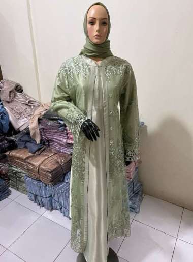 Dress Brokat Corneli Tulang Kombinasi Moscrepe Gamis Brokat Terbaru Gamis Pesta JUMKEN sage