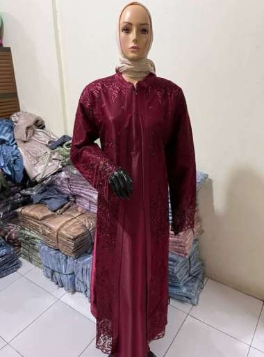 Dress Brokat Corneli Tulang Kombinasi Moscrepe Gamis Brokat Terbaru Gamis Pesta JUMKEN MARUN