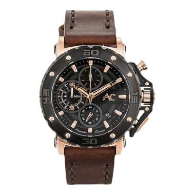 Jam Tangan Pria Alexandre Christie AC 9205 MC LBRBA Men Black Dial Brown Leather Strap Coklat