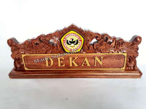 Papan nama meja nameplate kayu ukir bali Lambang Logo instansi Coklat