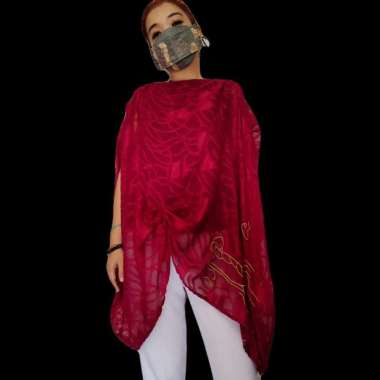 Blouse Jumbo Tunik Kimono Border Bali Big Size Sifon Merah Maron Asimetris GESYAL oren