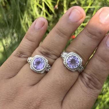 Cincin Ring Perak Silver Bali Asli 925 Ukir Jepun Kamboja Batu Akik Ungu Amethyst Bulat Wanita Pria 