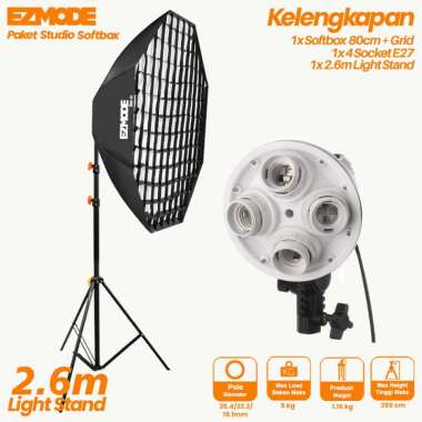 EZMODE 4 Socket Softbox Octagon 80cm with Grid + Light Stand 260cm