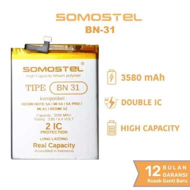 Original Somostel BN31 for Redmi Note 5A / Mi 5X / Redmi Note 5A Pro / Mi A1 / Redmi S2 Batre Batrai