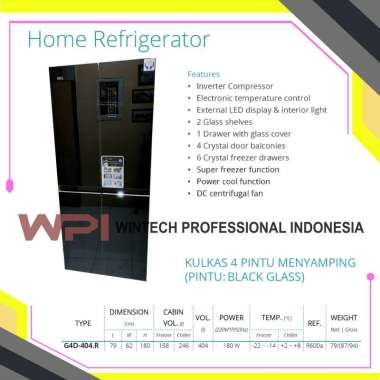 Gea G4D-404.R BLACK GLASS Kulkas Side By Side - Kulkas pintu menyamping - kulkas rumah tangga 4 pint