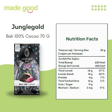 Dark Chocolate Bali Junglegold Cacao Cokelat Vegan 70gr Non Dairy 100%Cacao