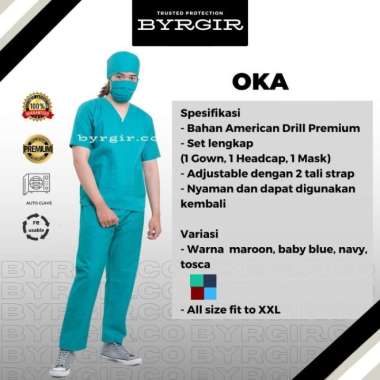 BYRGIR Surgical Gown Baju Gaun Operasi Katun Oxford Waterproof APD Green+Celana Lengan Panjang XL