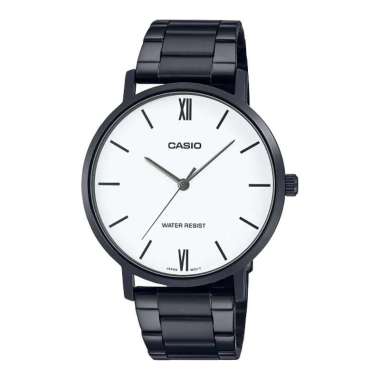 Jam Tangan Pria Casio General MTP-VT01B-7BUDF Dress White Dial Black Stainless Steel Band Hitam