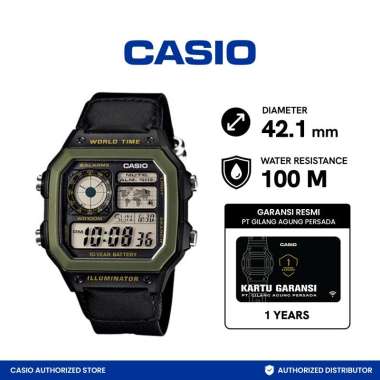 CASIO AE-1200WHB-1BVDF Illuminator World Time Jam Tangan Unisex GREEN