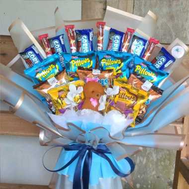 Buket Snack Custom | Bucket Snack Murah | Hampers Snack size L snack + bunga + beruang mini