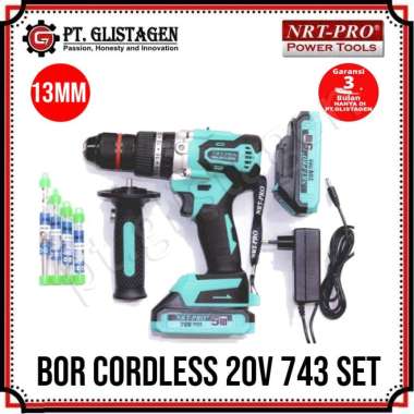 Mesin Bor Baterai Cordless Impact Drill 13mm 20V Brushless Nrt 743 Set