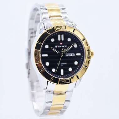 Naviforce 9198 Jam Tangan Pria Analog Original Stainless Steel Gold Combin
