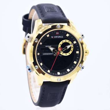 Naviforce 9208 Jam Tangan Pria Analog-Digital Tali Kulit Original Gold Black
