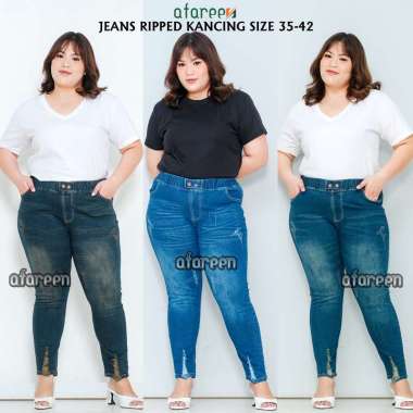 AFAREEN - Celana Jeans Ripped Sobek Wanita Legging Jeans Pinggang Karet Kolor Jumbo 40 NAVY